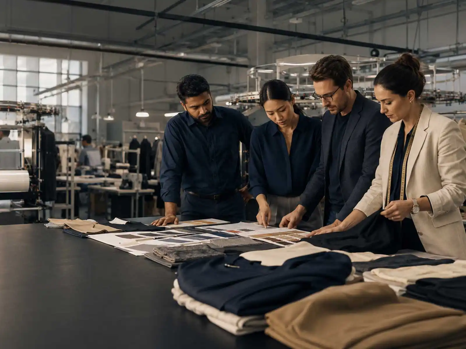 Apparel development team reviewing fabrics and garment samples inside a manufacturing facility