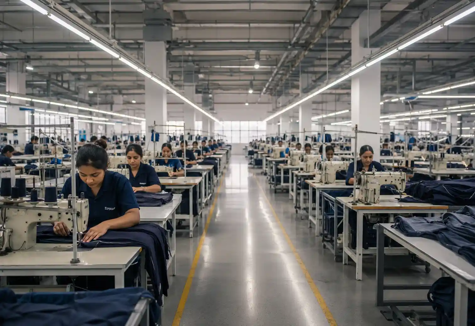 Organized garment manufacturing facility with large-scale sewing production