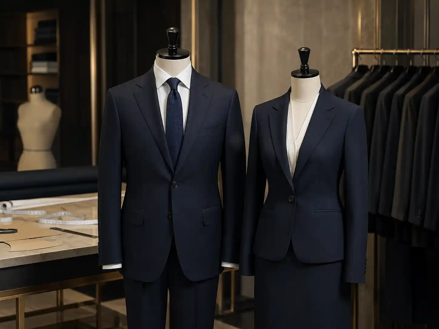 Tailored corporate uniforms displayed in a premium apparel production setting