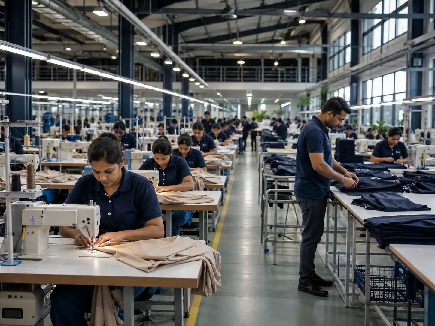 Modern garment manufacturing facility with organized production lines