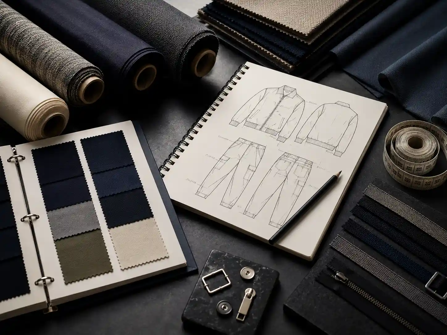 Garment product development workspace with sketches, fabrics and trims