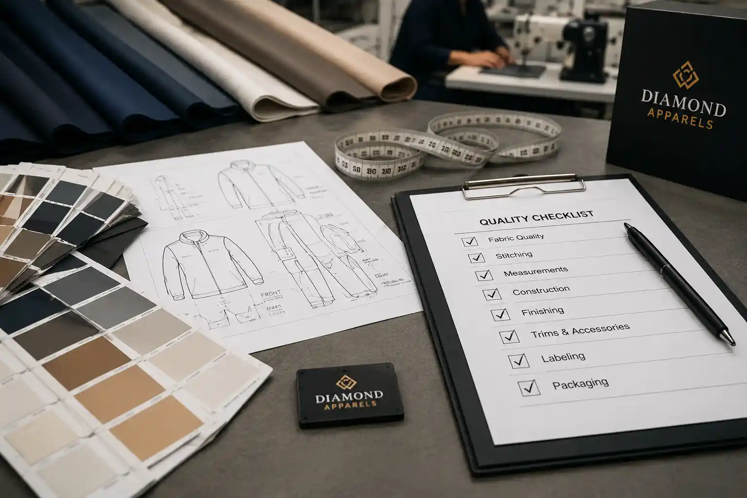 Garment quality-control checklist with technical drawings and fabric samples