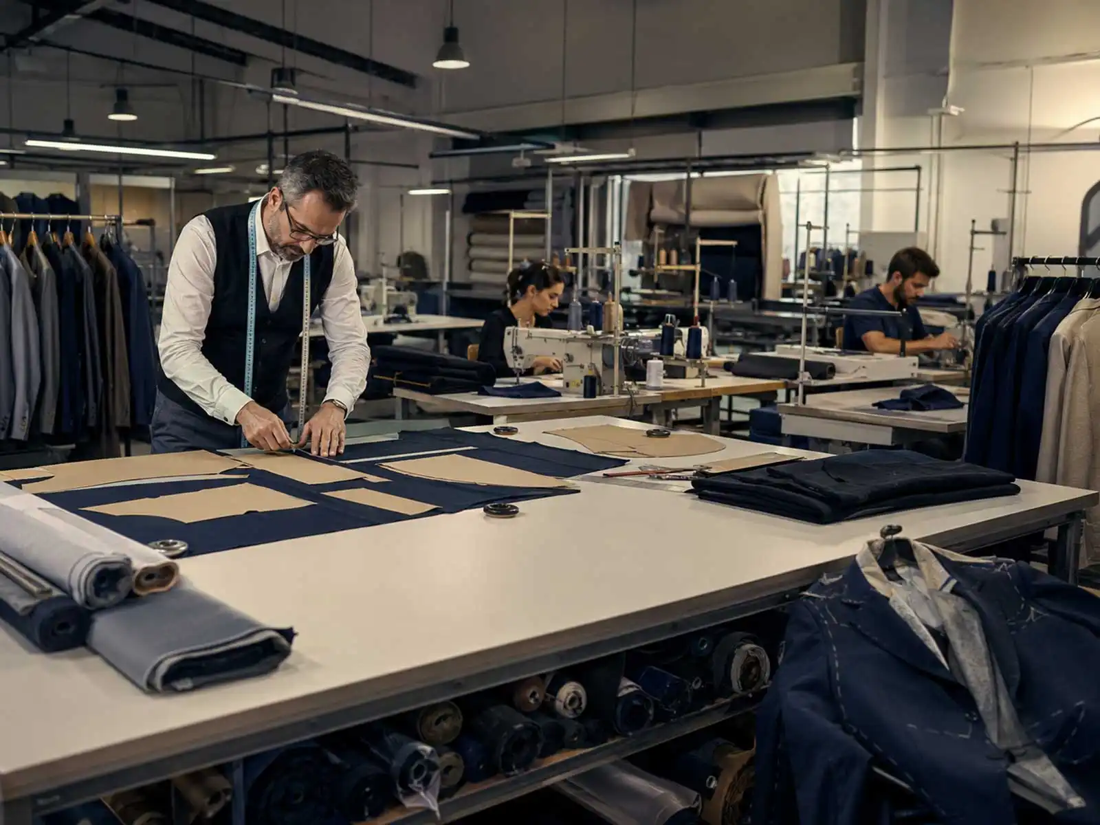 Apparel manufacturing team coordinating production capabilities across the facility