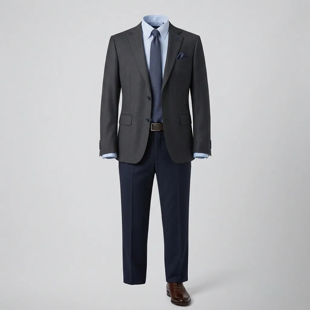 Coordinated corporate uniform ensemble with blazer, shirt, tie and trousers
