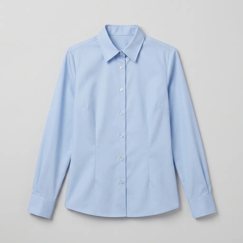 Light blue long-sleeve tailored corporate blouse with button front