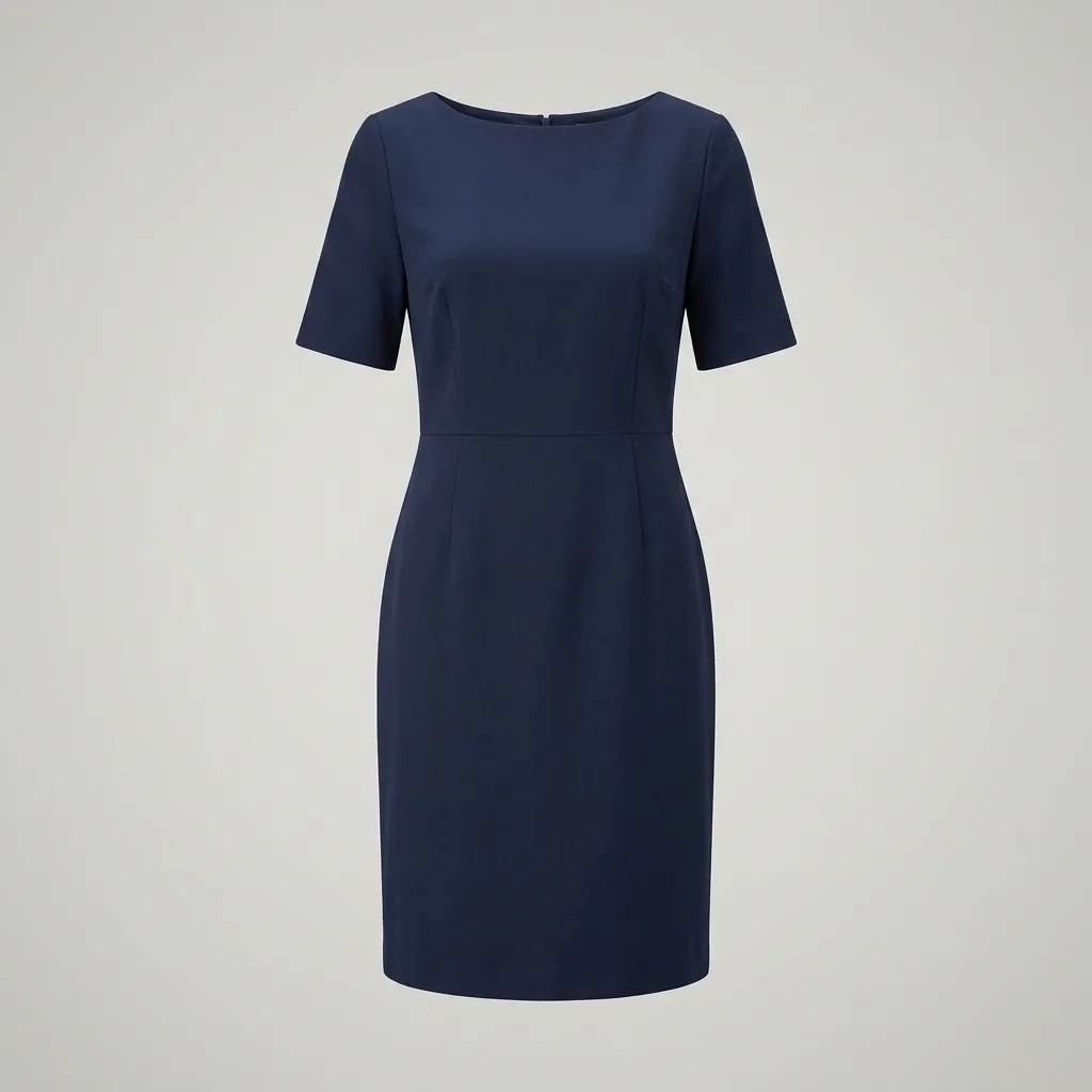 Navy short-sleeve corporate dress with structured fitted silhouette