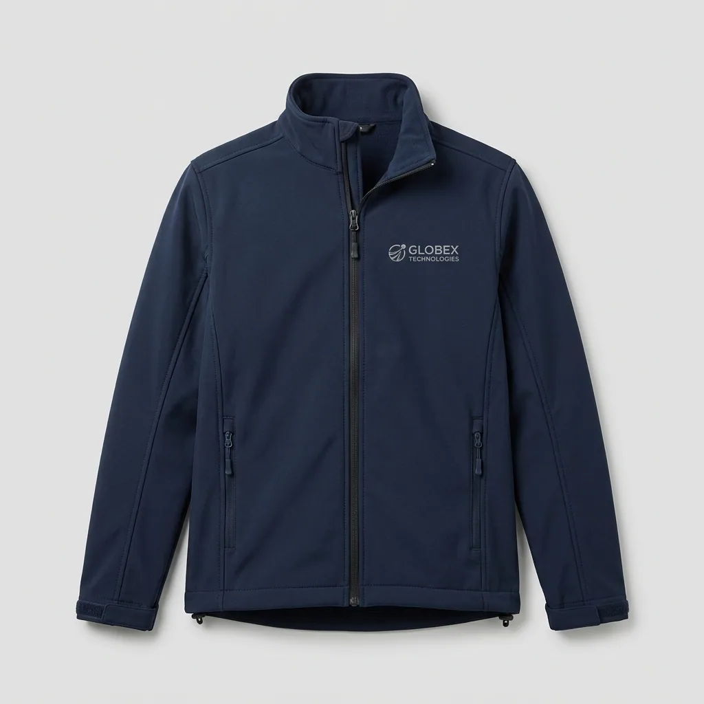 Navy corporate softshell jacket with zip front and chest logo