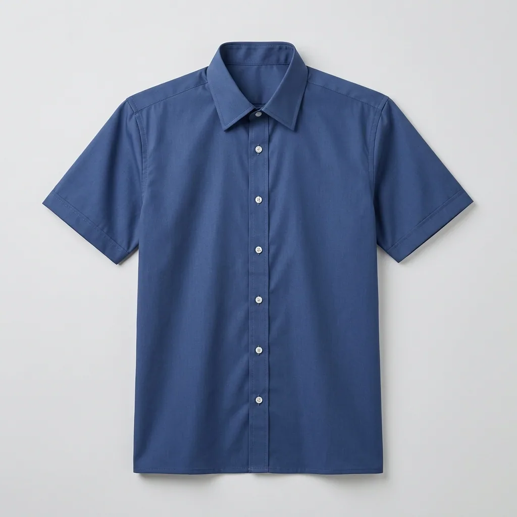 Blue short-sleeve corporate shirt with pointed collar and button front
