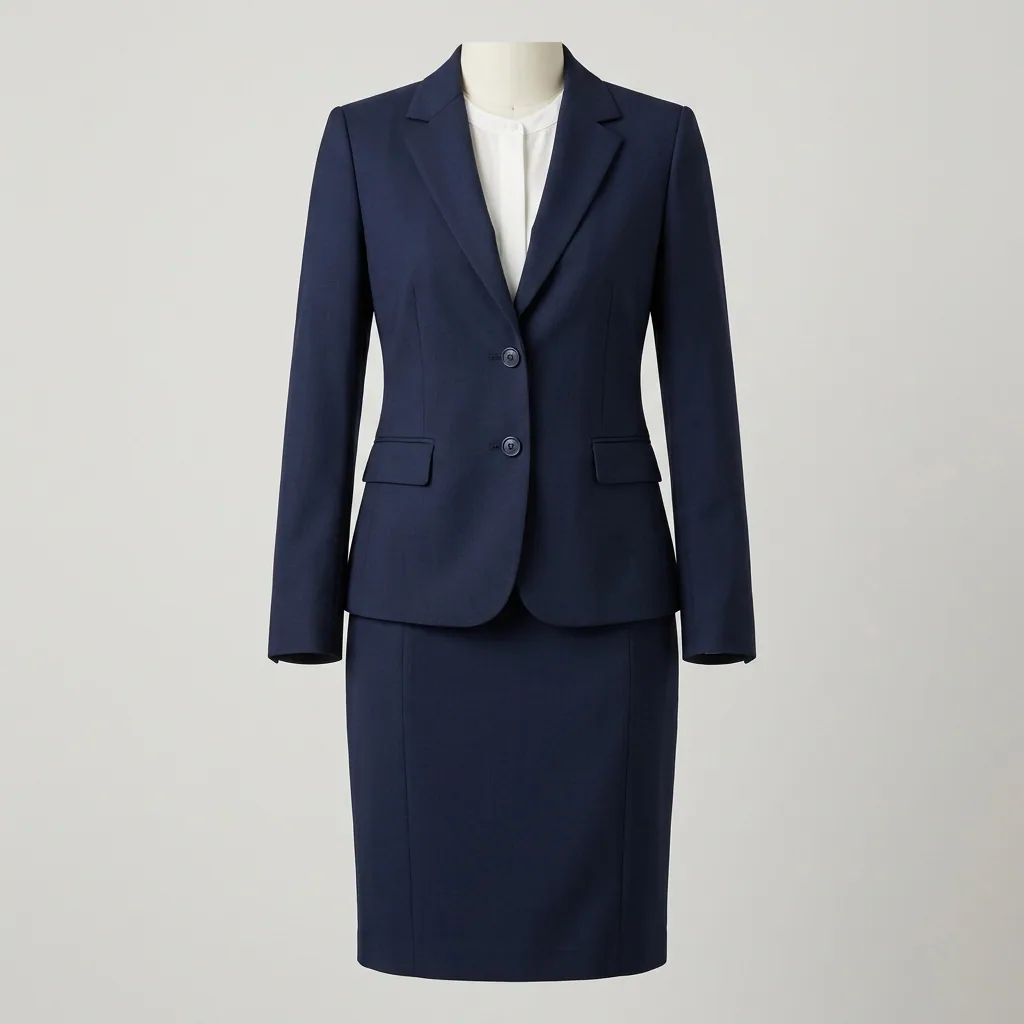 Navy corporate skirt suit with two-button blazer and pencil skirt