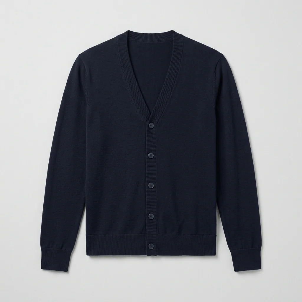 Navy V-neck corporate knit cardigan with button front