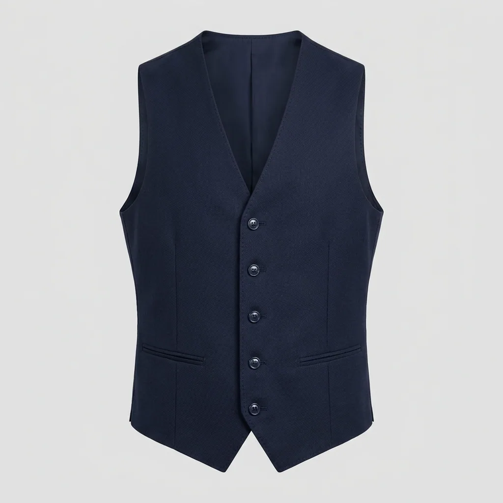 Navy five-button corporate waistcoat with V-neck and welt pockets