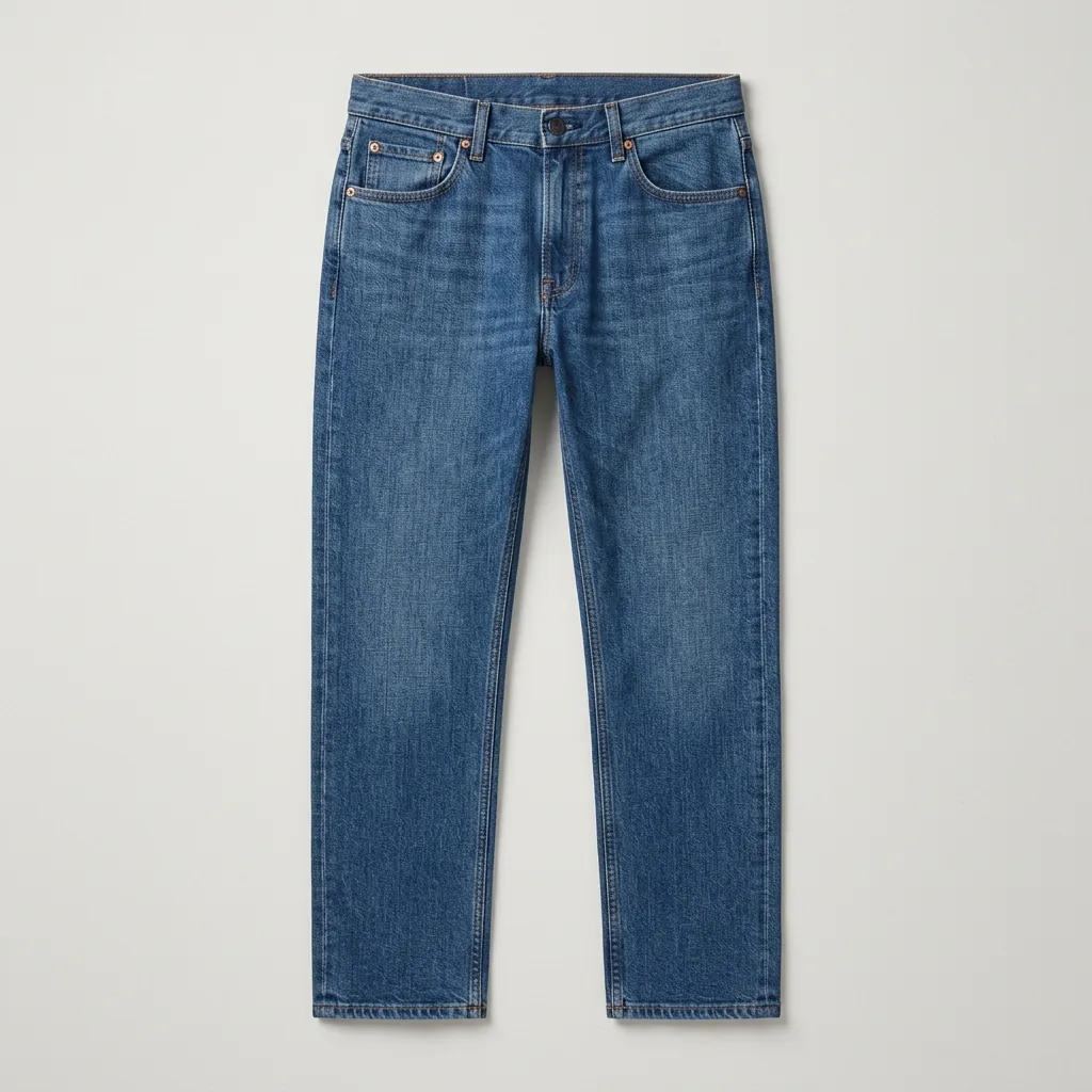 Classic five-pocket medium-blue denim jeans with a straight silhouette