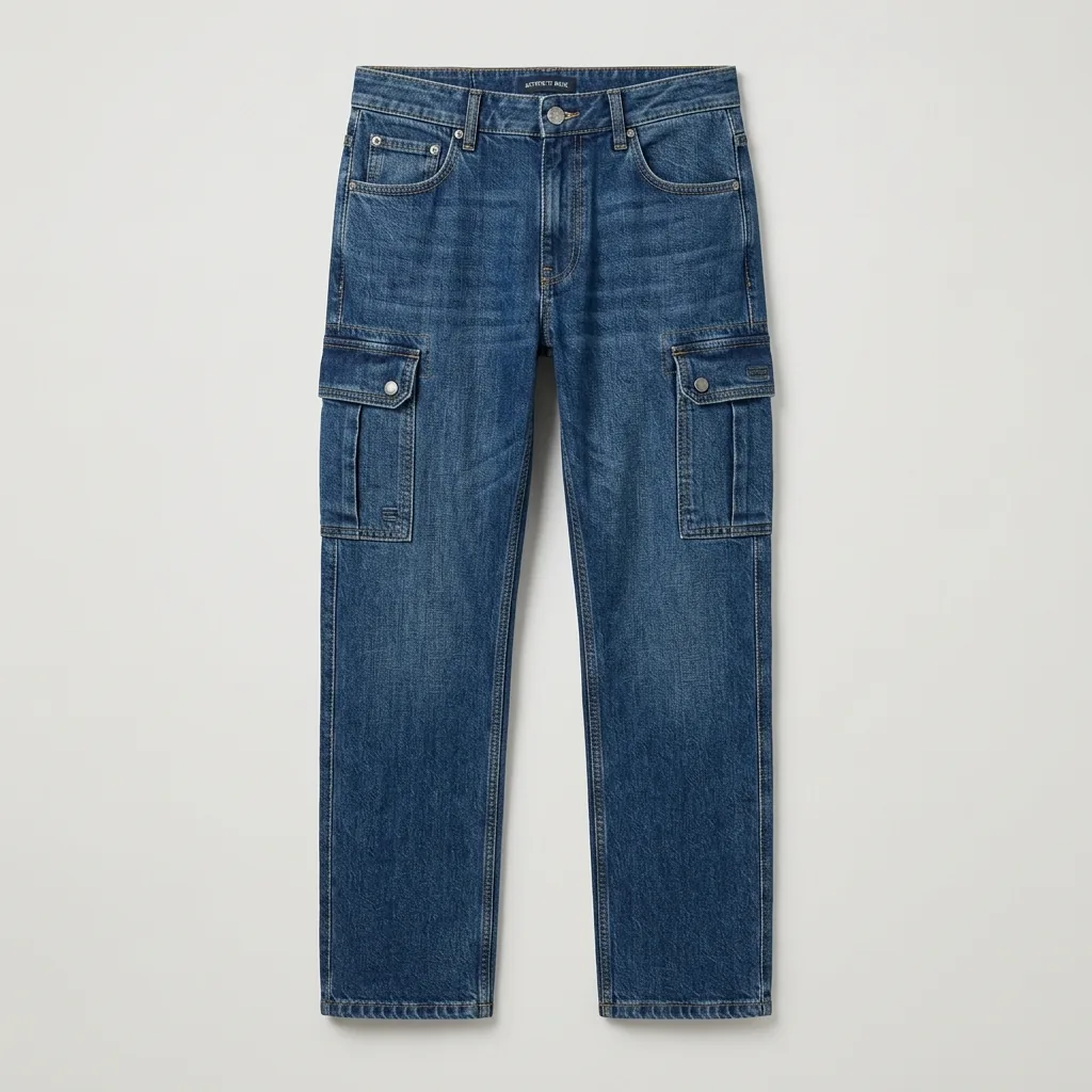 Denim cargo jeans with thigh utility pockets and a straight silhouette