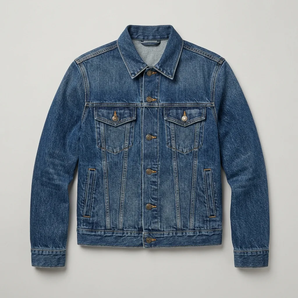 Medium-wash denim trucker jacket with chest flap pockets and button front