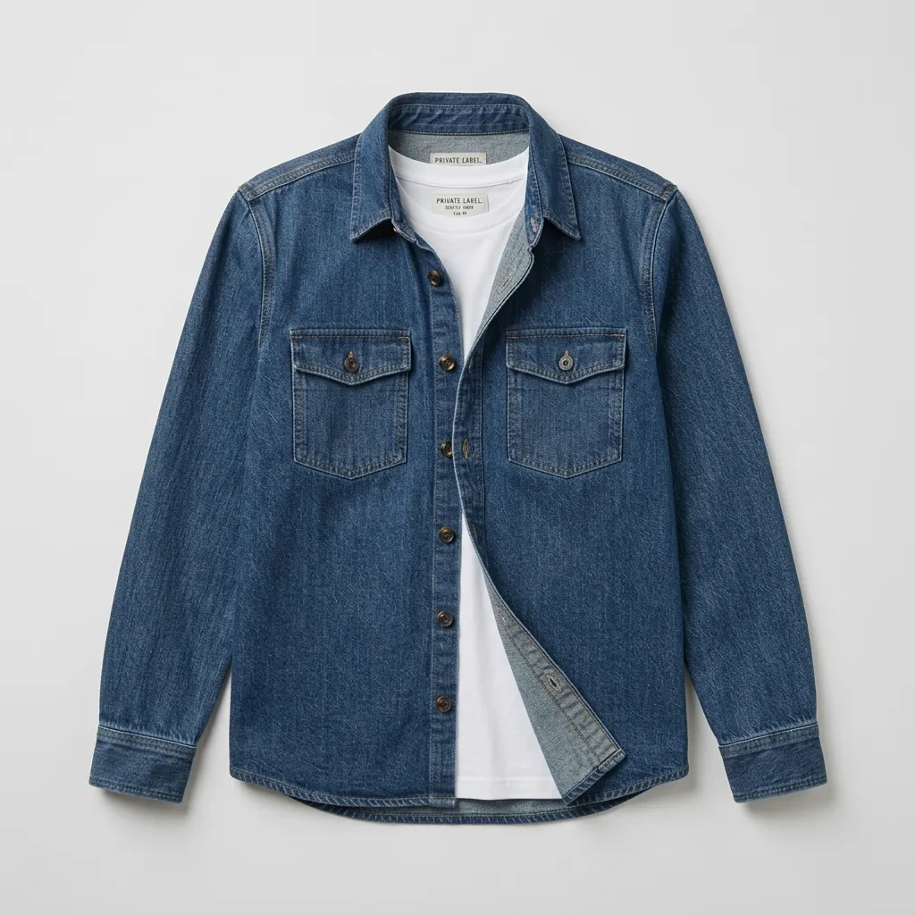 Medium-wash denim overshirt with chest flap pockets and button placket