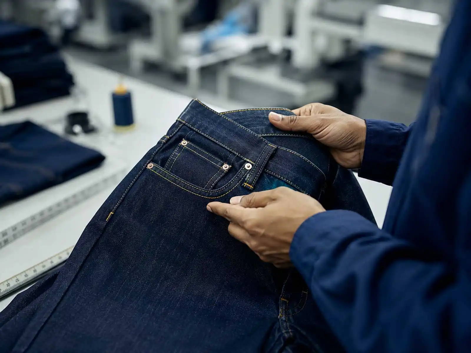 Quality control inspection during denim jeans production in a garment manufacturing facility