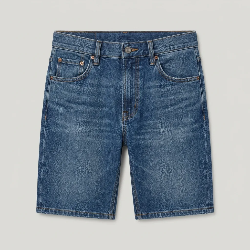 Medium-wash denim shorts with five-pocket styling and clean hem