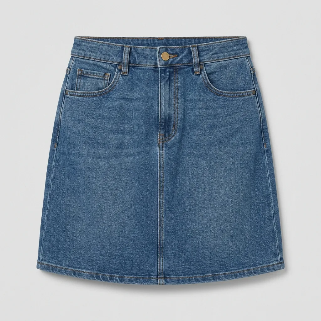 Medium-wash A-line denim skirt with button fly and front pockets