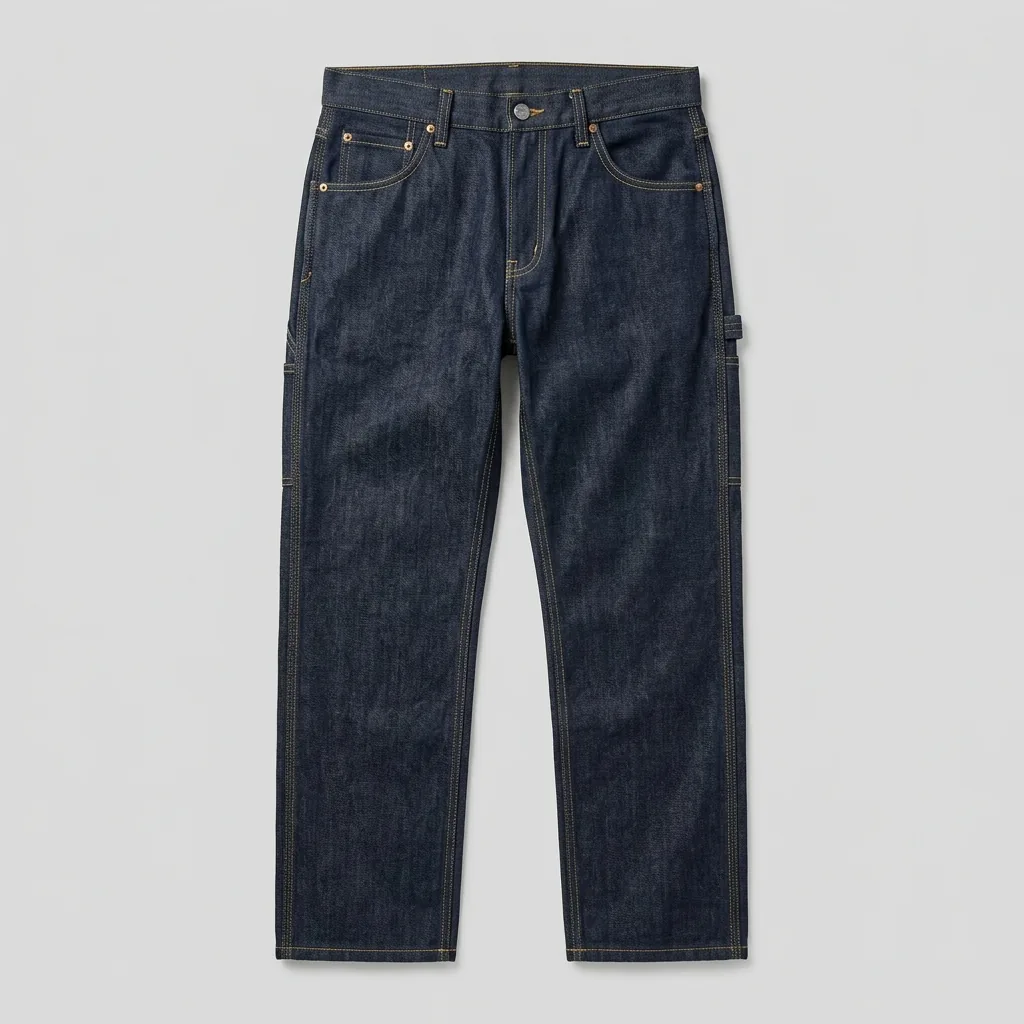 Dark indigo denim workwear trousers with hammer loop and utility pockets
