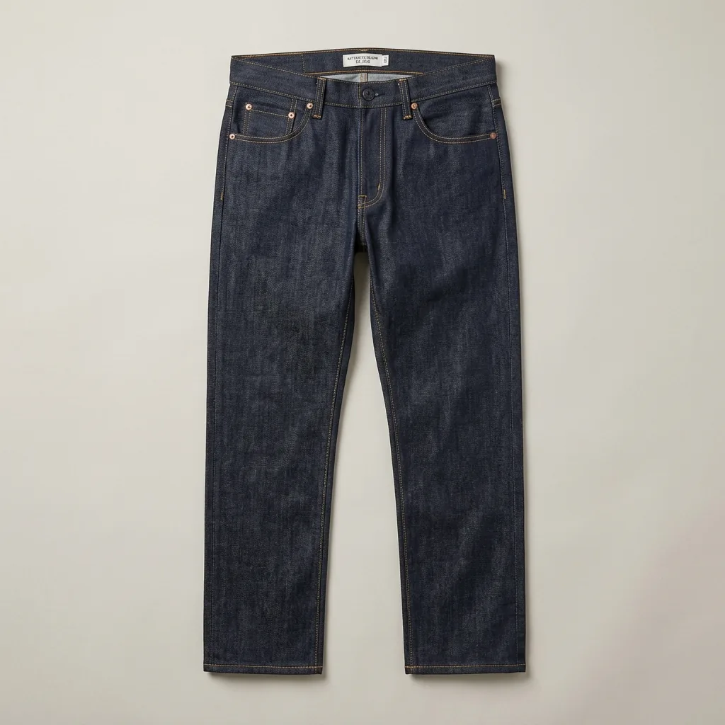 Rigid dark indigo denim jeans with a structured straight silhouette