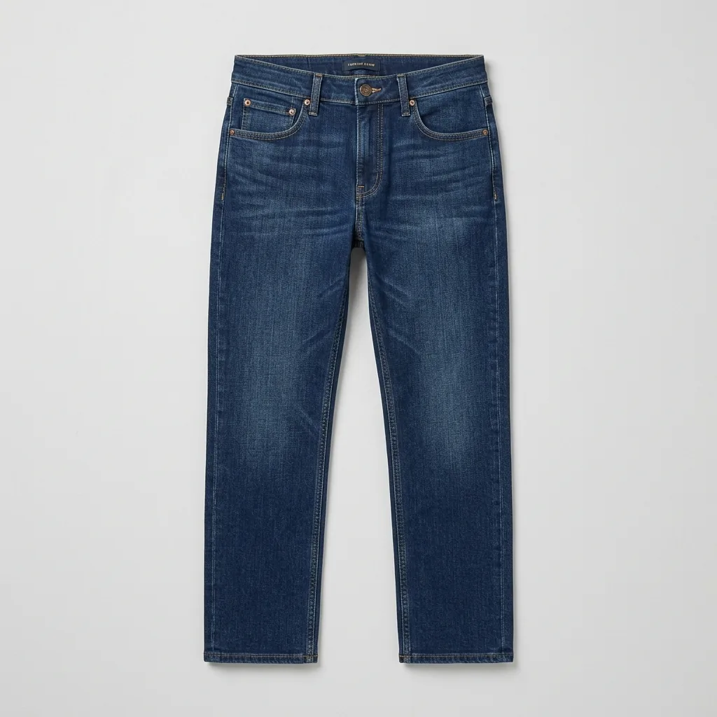 Straight-leg dark-wash denim jeans with an even leg line from thigh to hem
