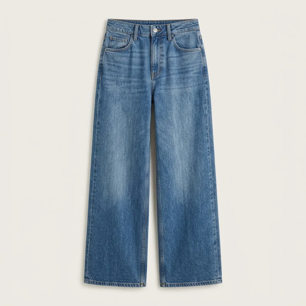 Wide-leg medium-blue denim jeans with a full open hem silhouette