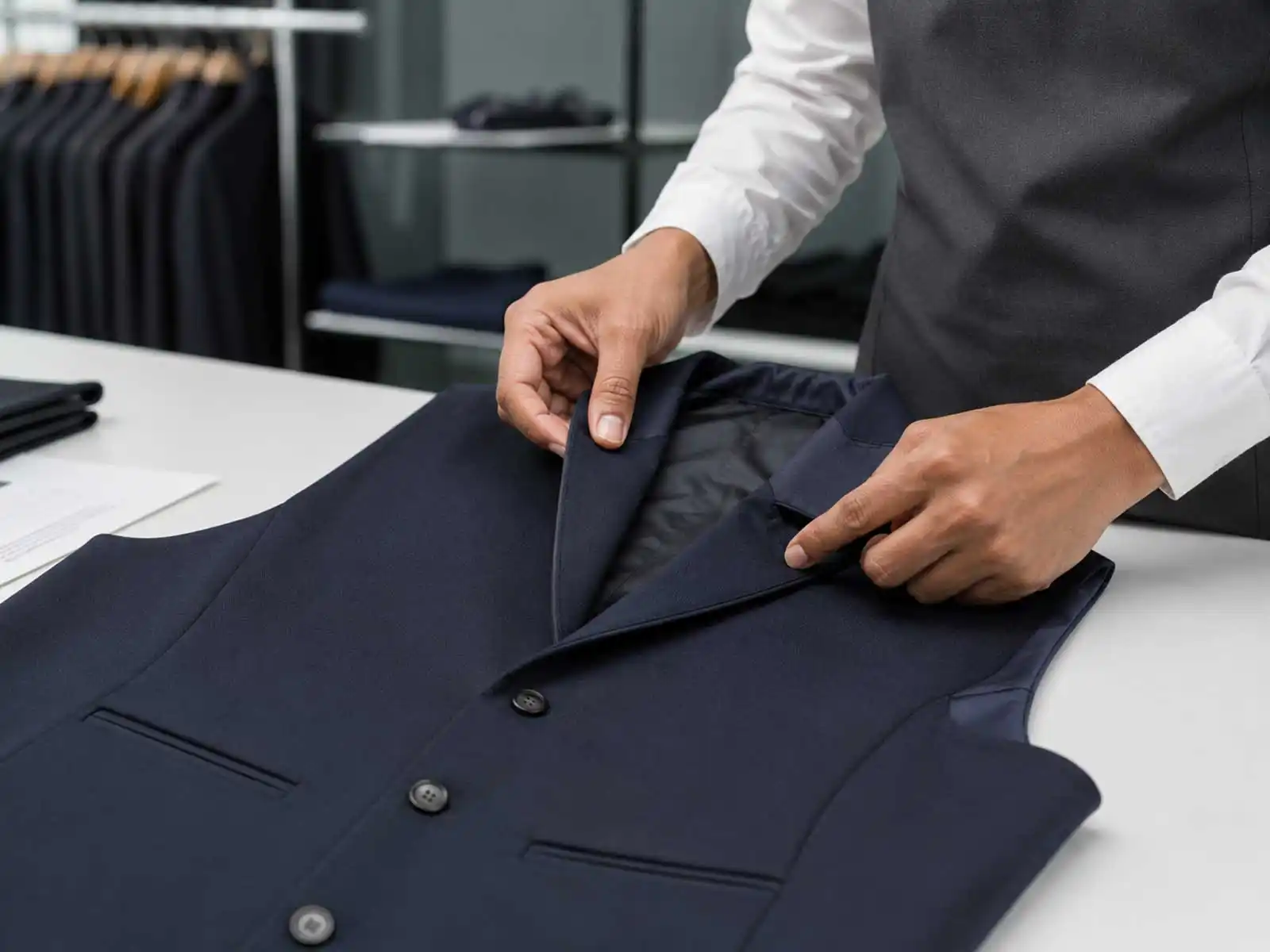 Quality inspector reviewing finishing and presentation on hospitality uniform garments