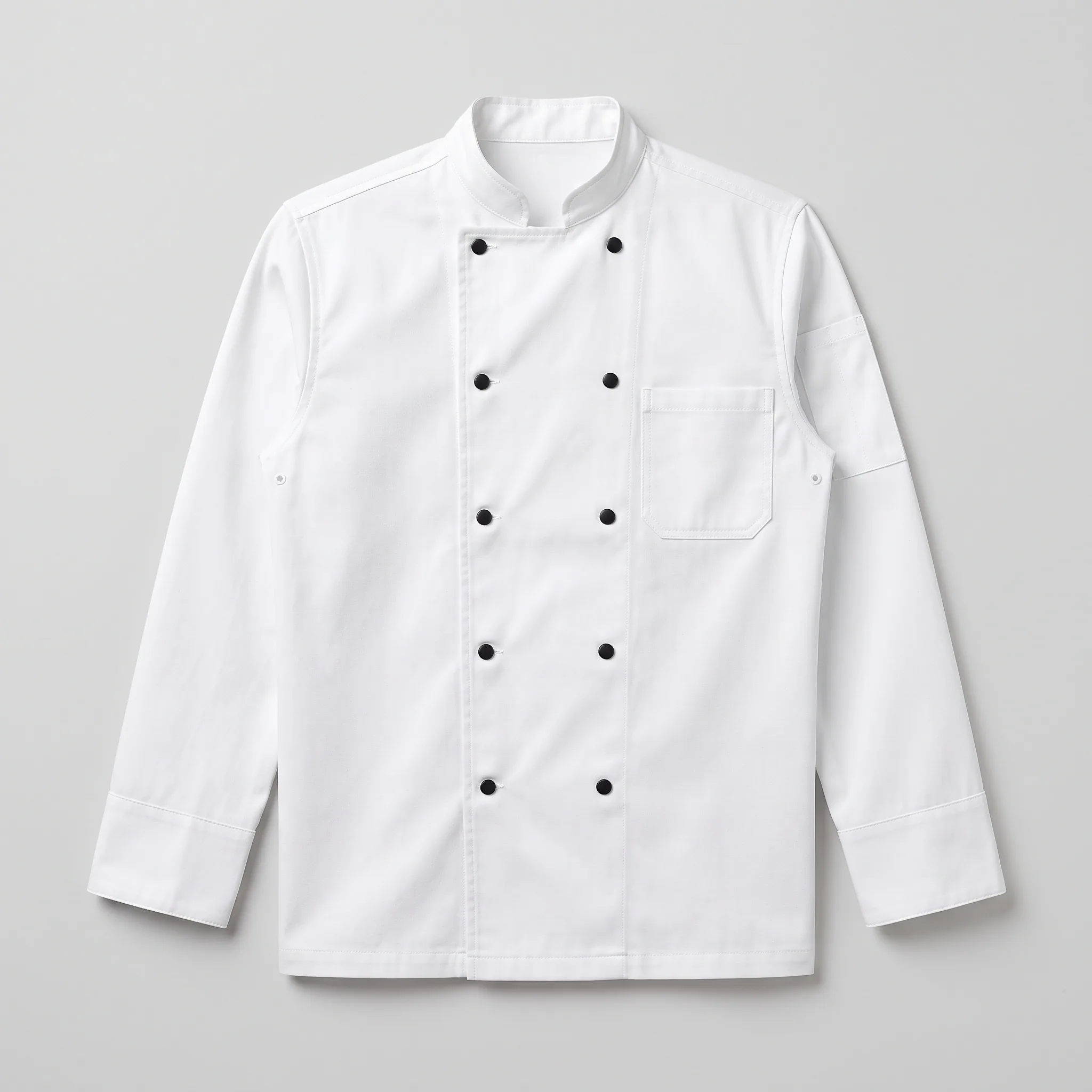 White double-breasted chef jacket with black stud buttons and chest pocket