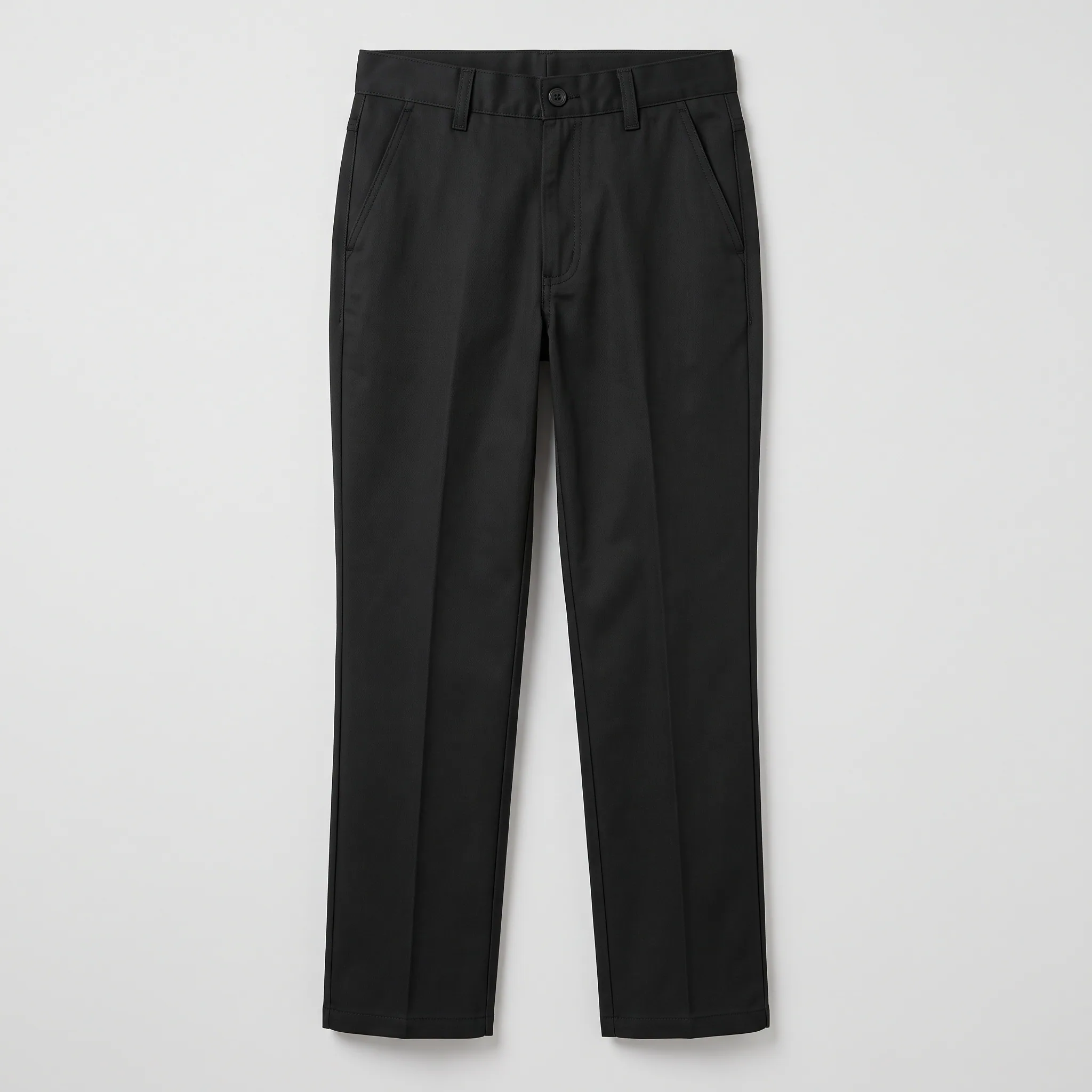 Black straight-leg chef trousers with belt loops and pressed creases