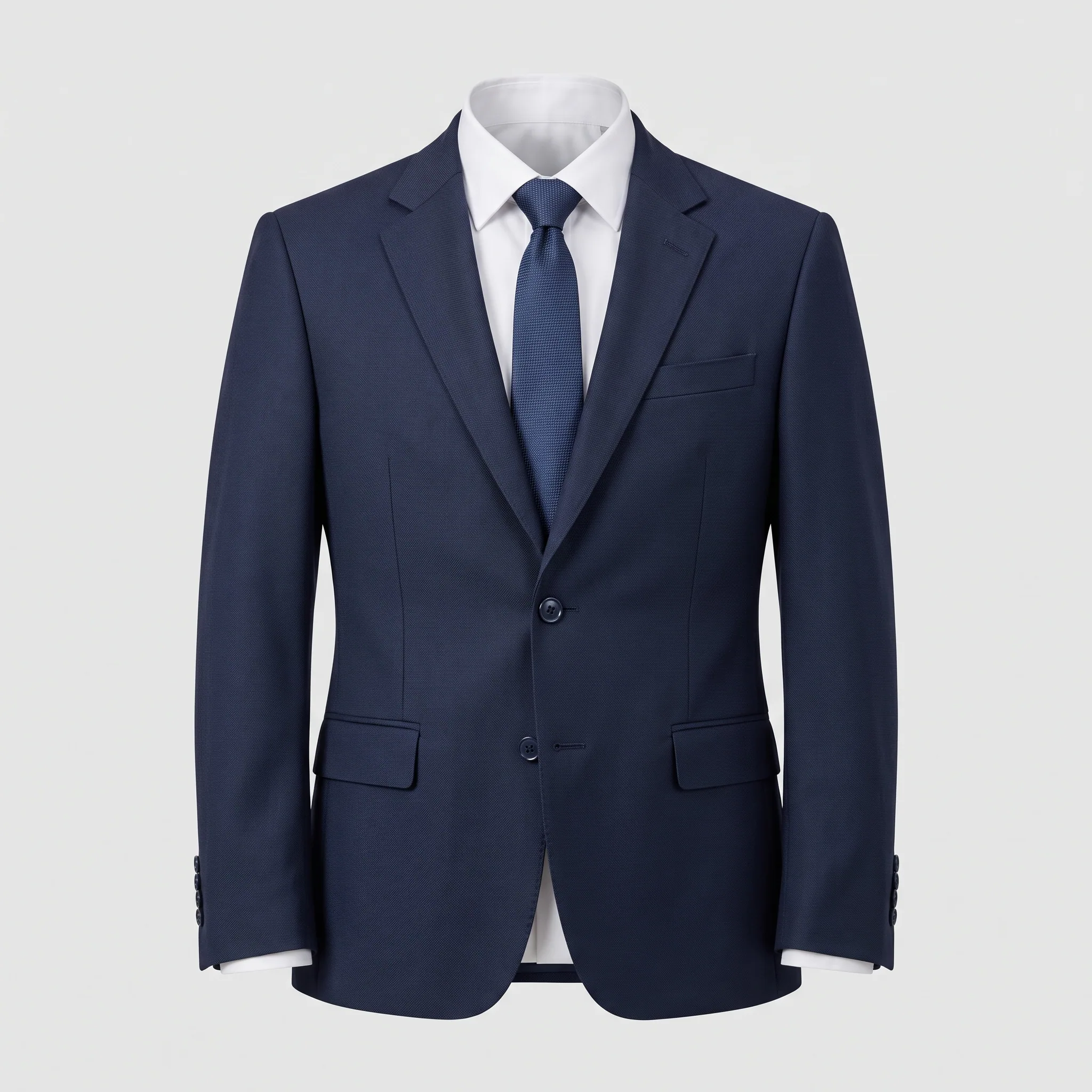 Navy two-button front desk blazer with notched lapels