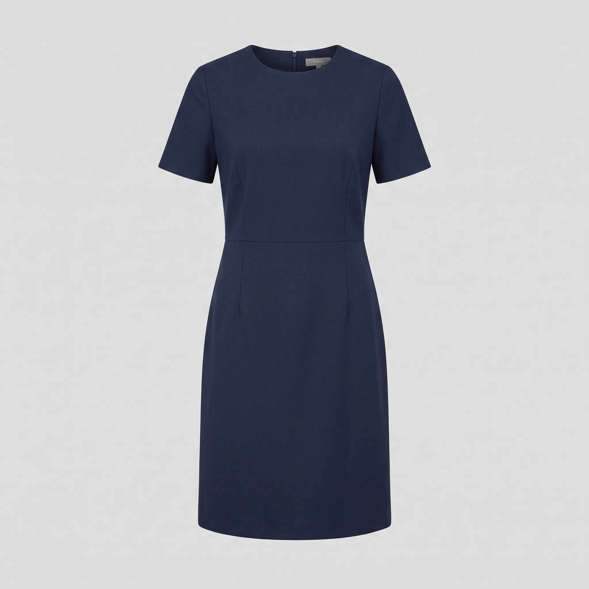 Navy knee-length hospitality dress with round neck and short sleeves