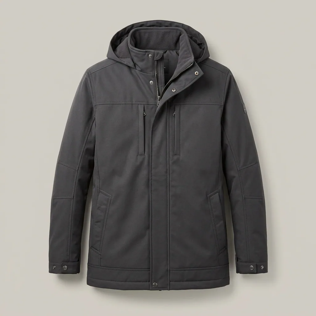 Charcoal hooded hospitality softshell jacket with zip pockets