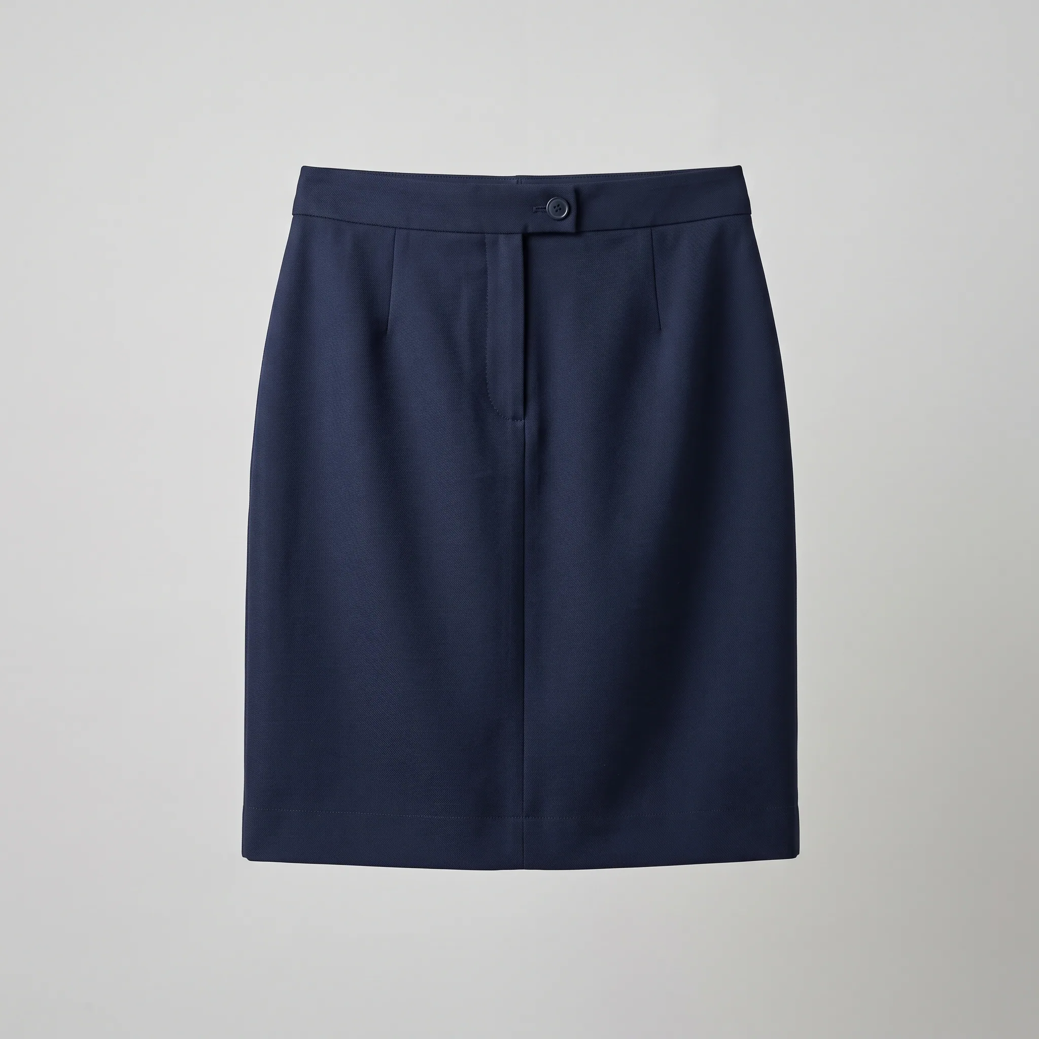 Navy pencil hospitality skirt with front closure and waist darts