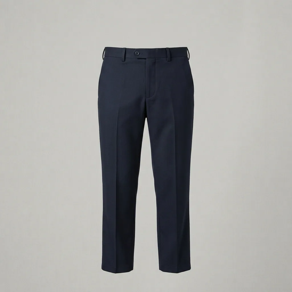 Navy straight-leg hospitality trousers with belt loops and pressed creases