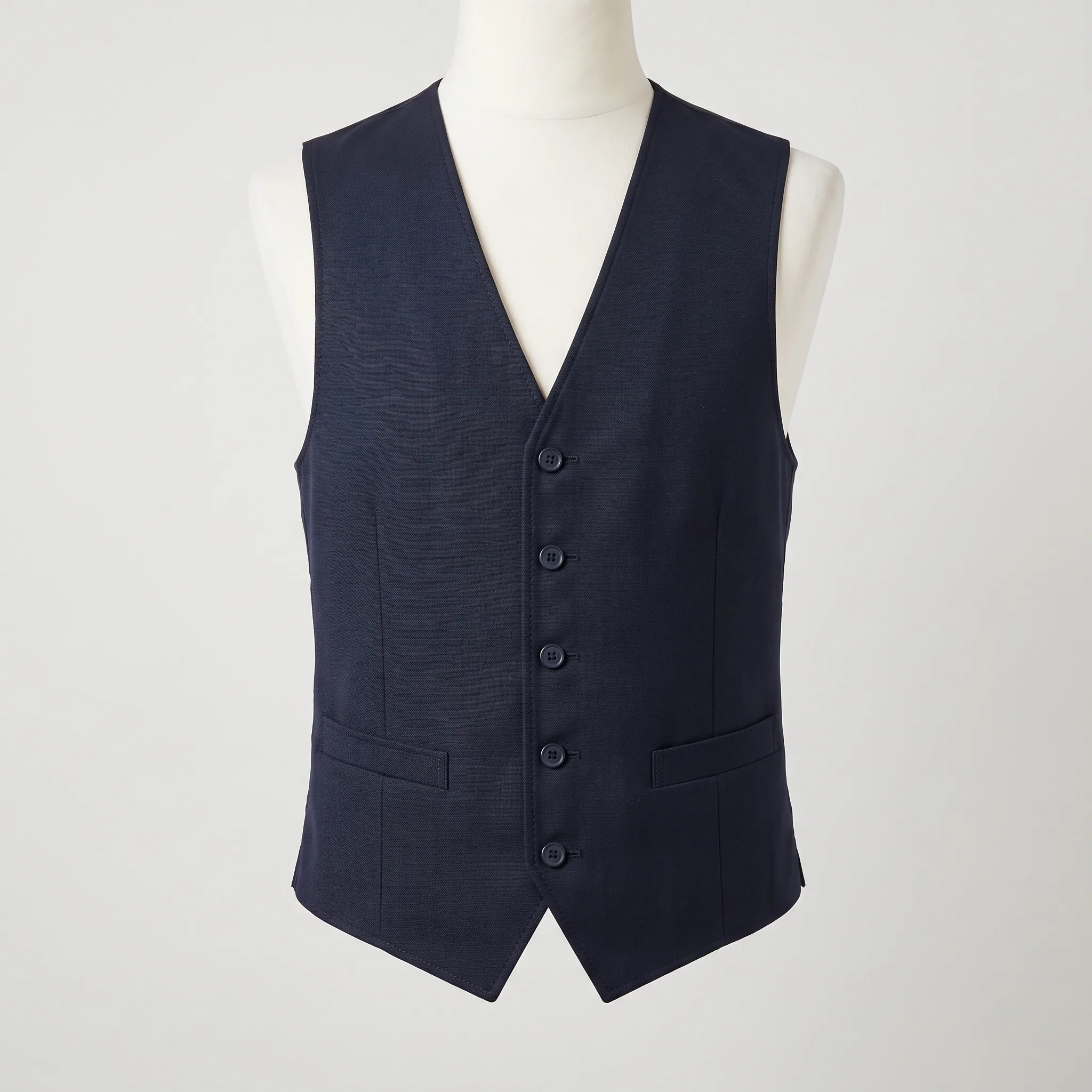 Navy hospitality waistcoat with V-neck, front buttons and welt pockets