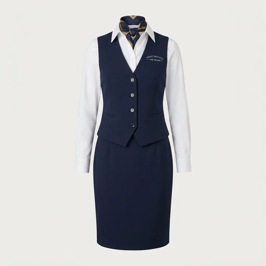 Navy hostess ensemble with white shirt, scarf, fitted vest and pencil skirt