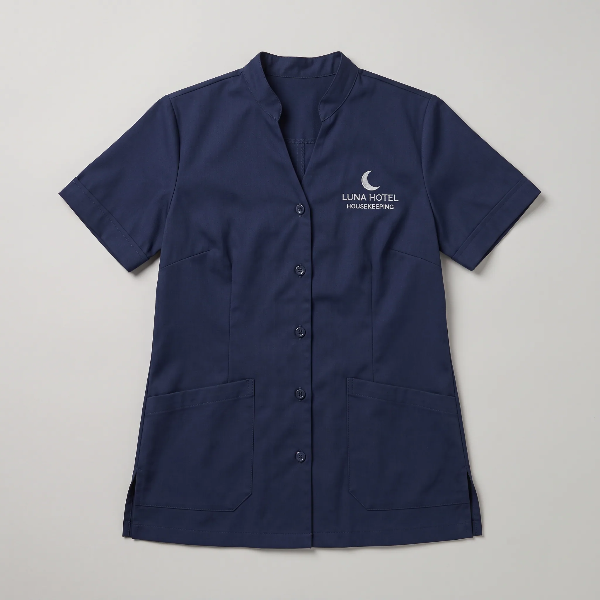 Navy housekeeping tunic with mandarin collar, front buttons and hip pockets