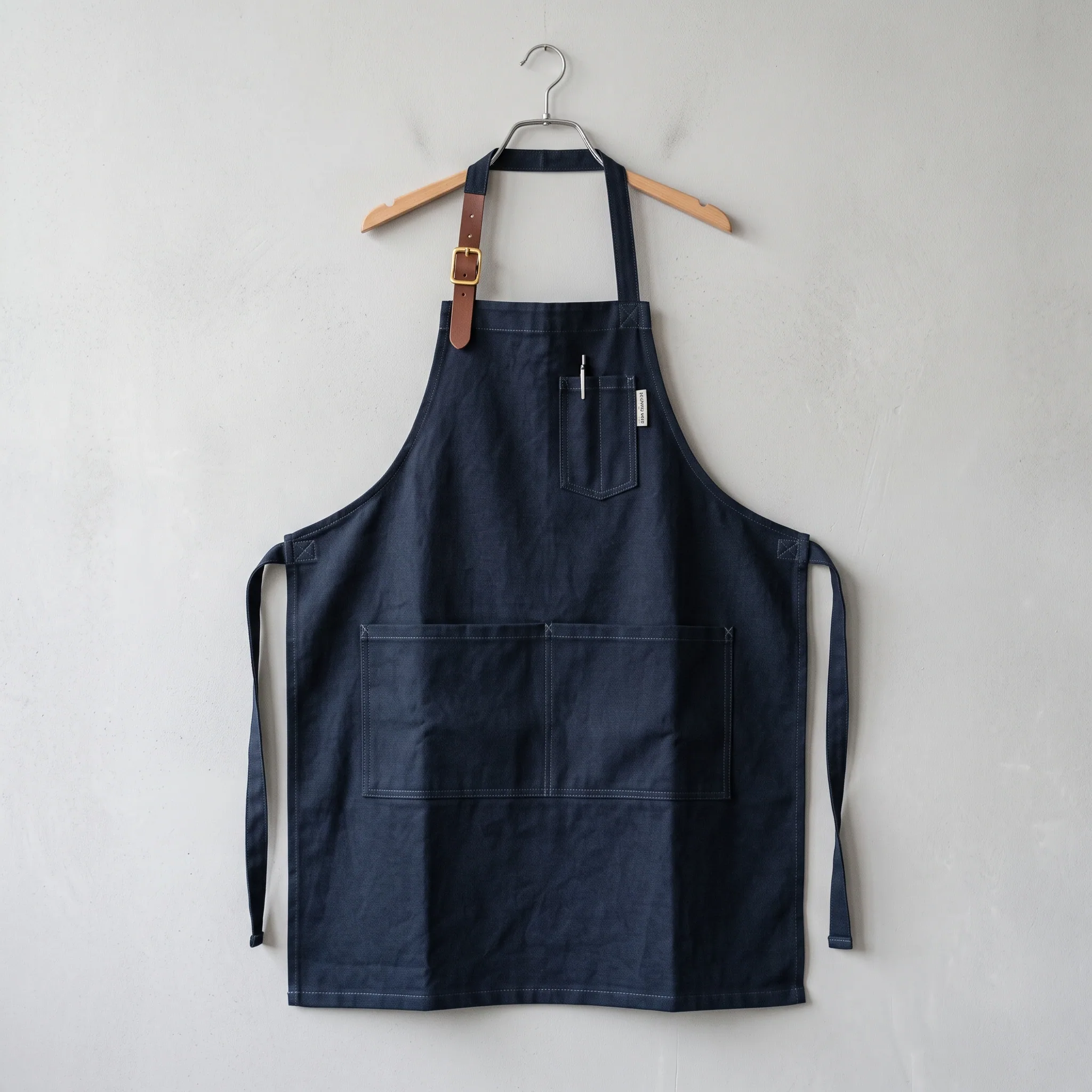 Navy bib kitchen apron with adjustable neck strap and waist pockets