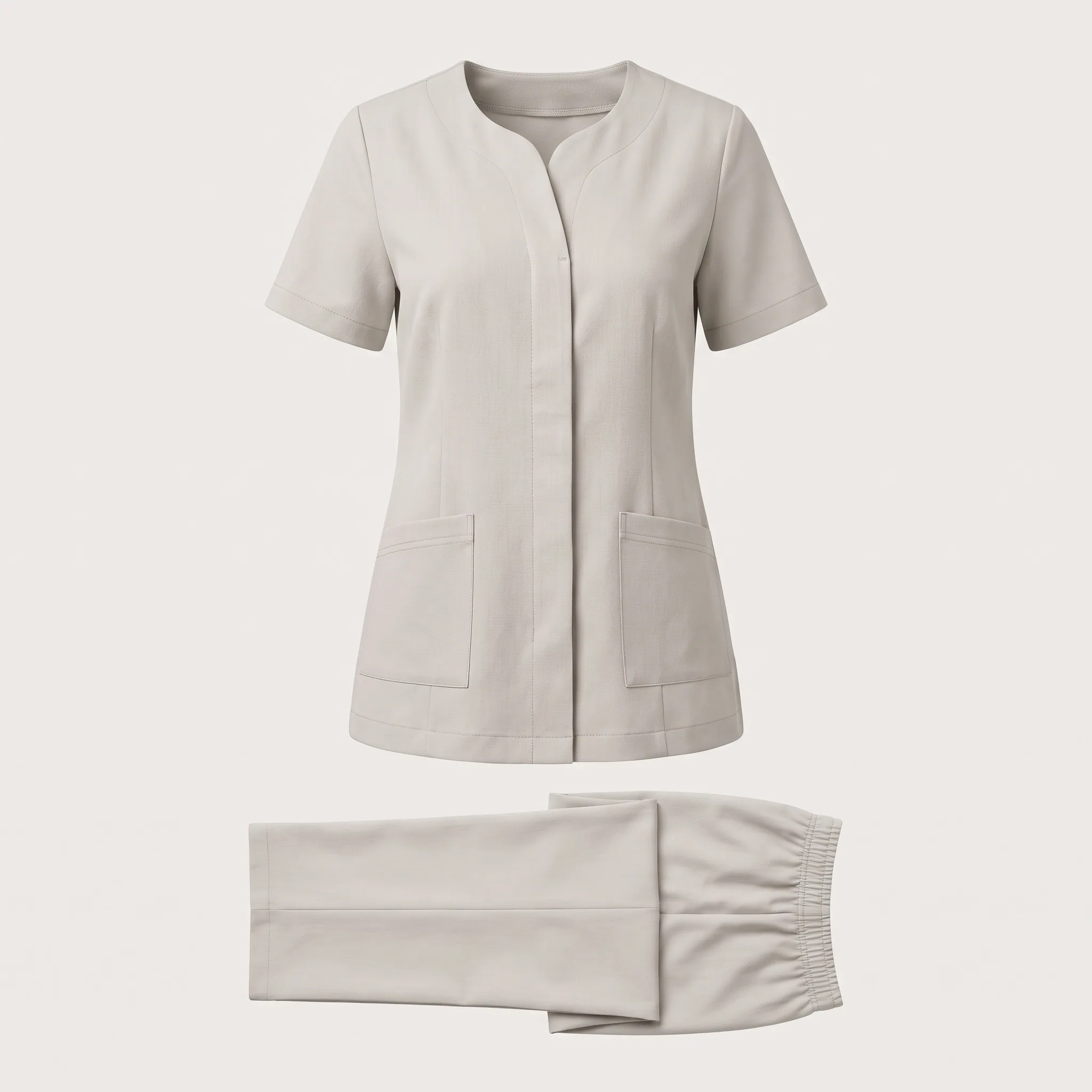 Stone spa tunic with V-neck and matching straight-leg trousers
