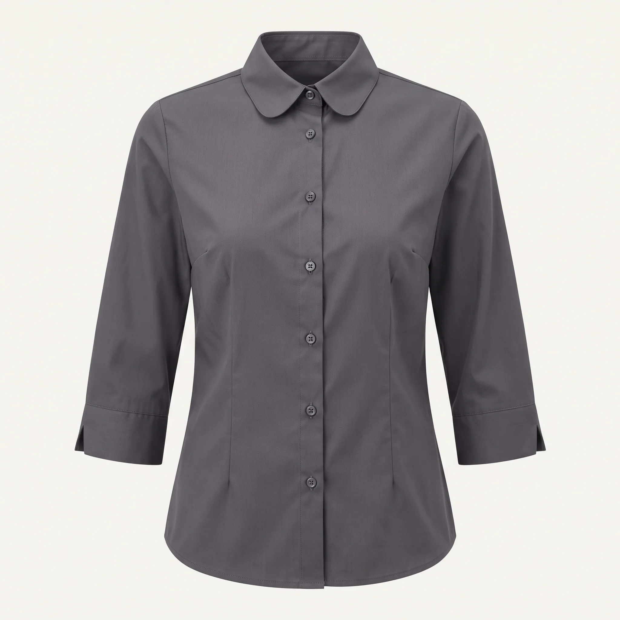 Charcoal waitress blouse with rounded collar and three-quarter sleeves