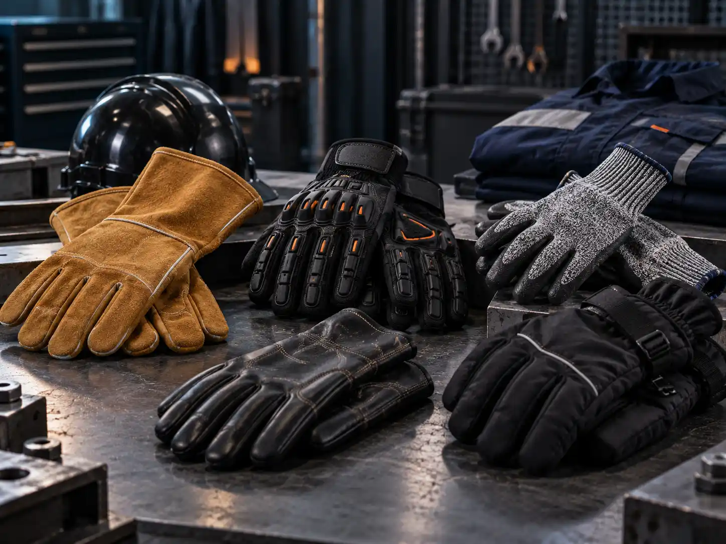 Assortment of industrial and protective gloves showing leather, coated and reinforced constructions