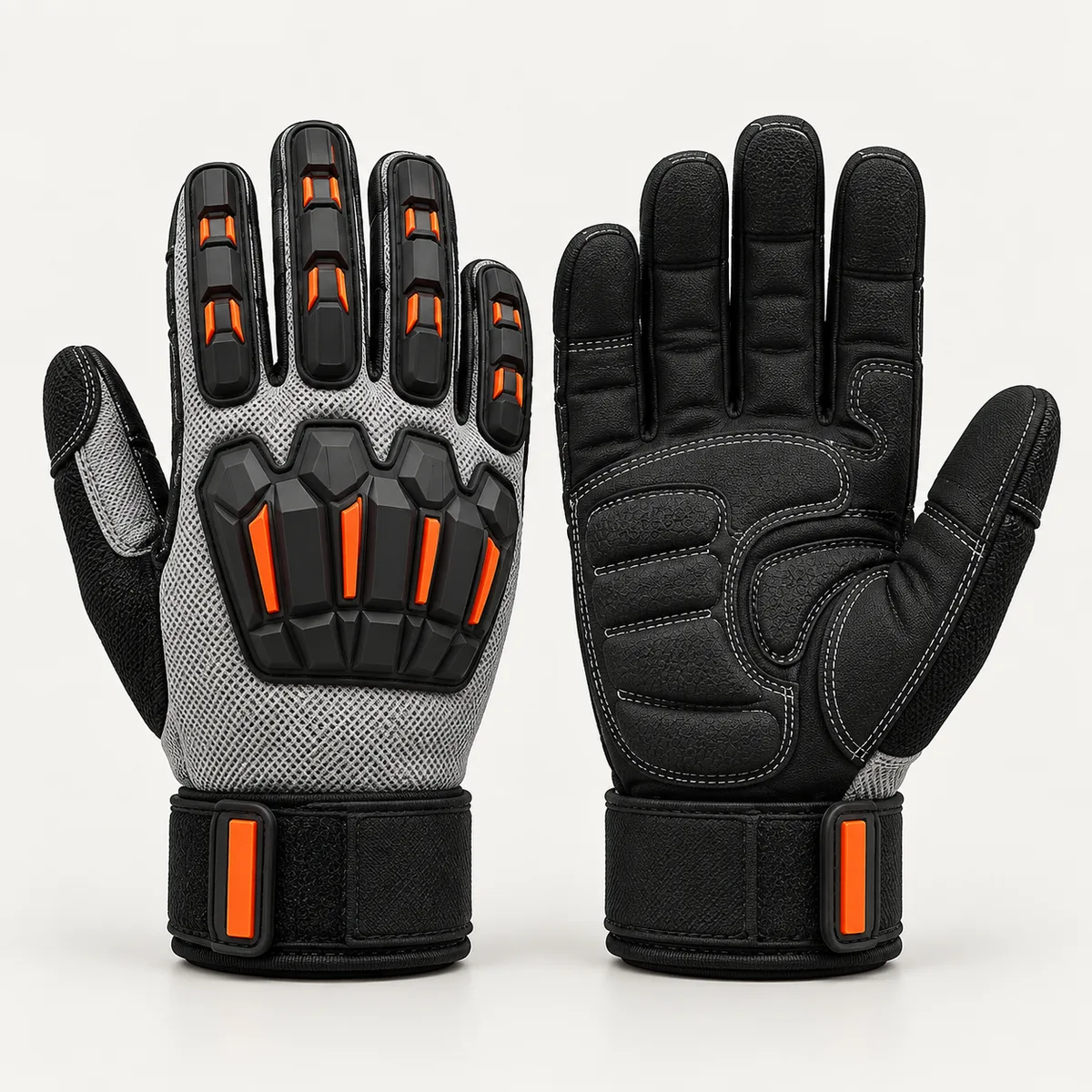Work gloves with padded palm sections, moulded back panels and adjustable wrist strap