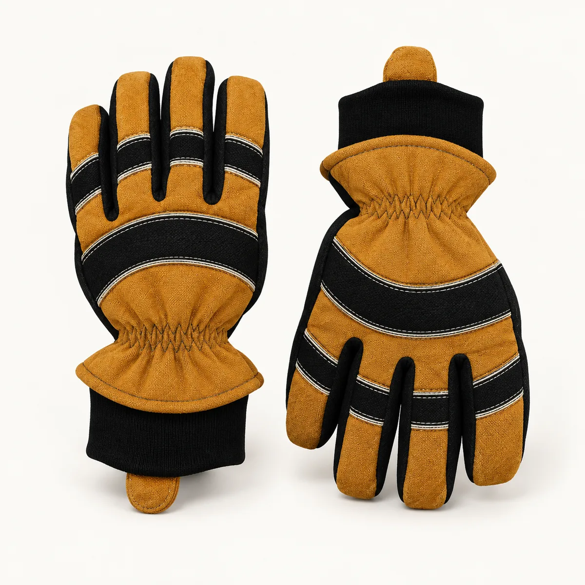 Tan work gloves with black reinforced bands, white contrast stitching and black ribbed knit cuff