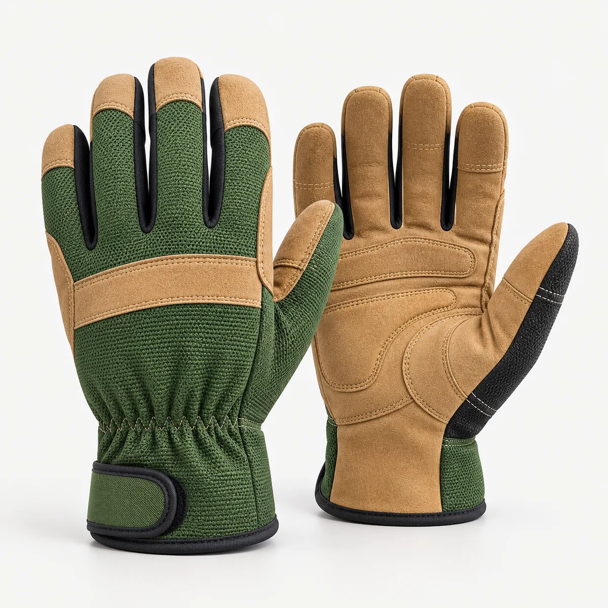 Forest green mesh utility gloves with tan suede palm reinforcements and wrist strap