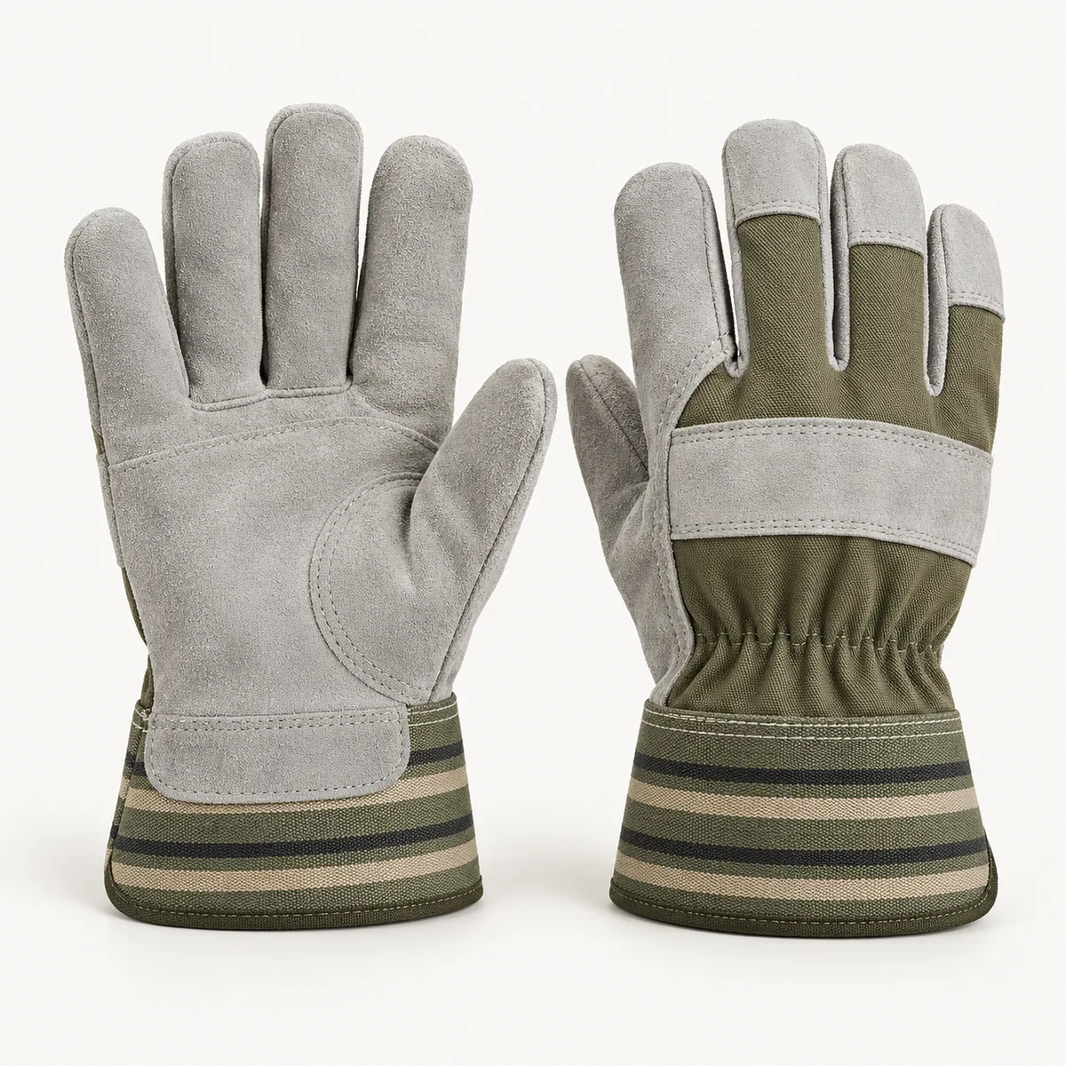 Olive canvas and grey suede industrial gloves with knuckle strap and striped safety cuff
