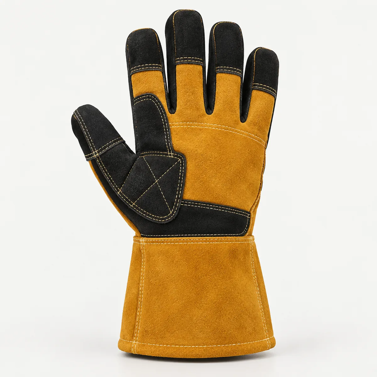 Heavy-duty leather welding glove with long gauntlet cuff and reinforced palm