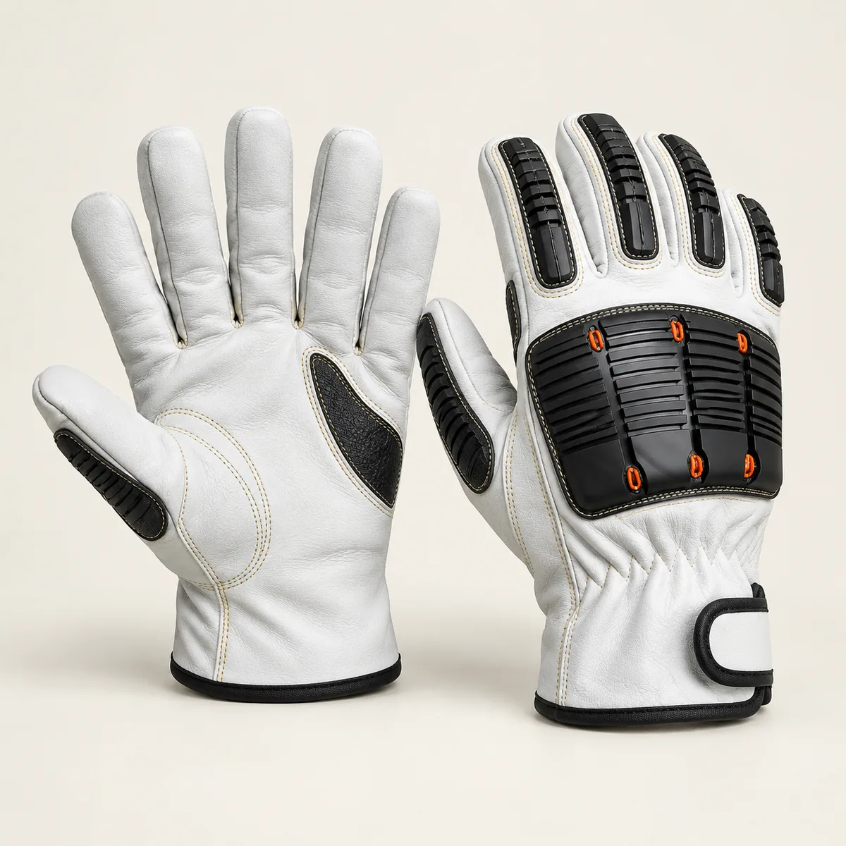 White leather work gloves with black moulded knuckle and finger panels, reinforced palm and wrist strap