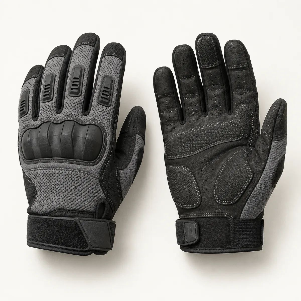 Mechanic gloves with moulded knuckle panel, segmented finger pads, reinforced palm and wrist strap