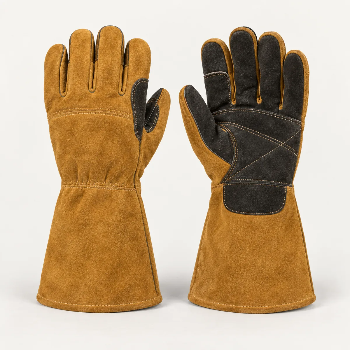 MIG welding gloves in honey-tan and charcoal suede with long gauntlet cuffs