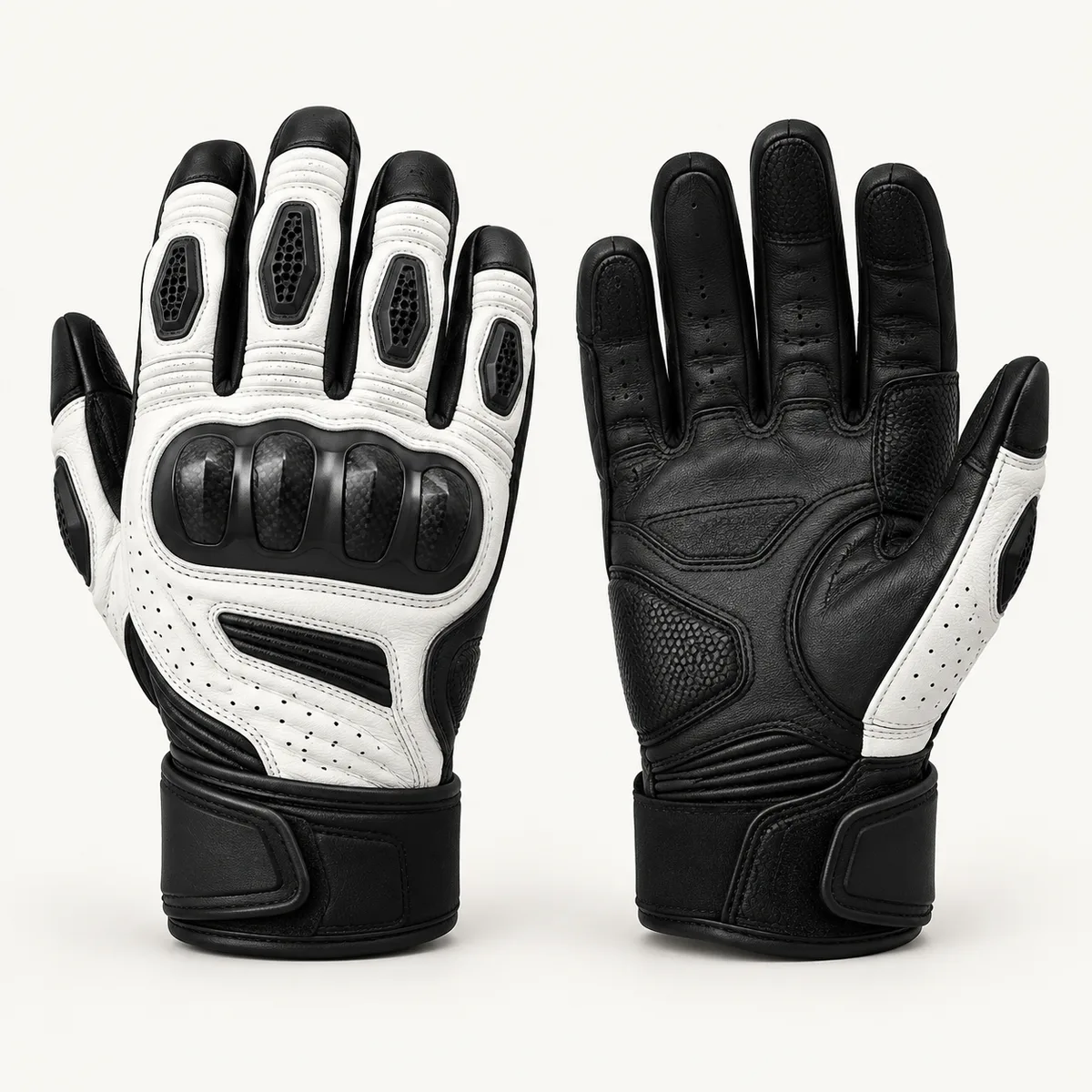 Motorcycle-style gloves with moulded knuckle shell, reinforced palm and wide wrist strap